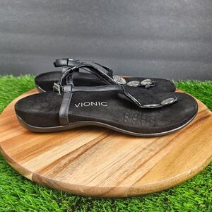 Vionic Lizbeth Sandals Womens 8 Black T-Strap Thong Medallion Comfort Summer